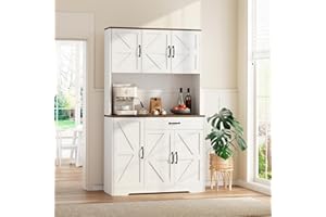 GRUSIGN 71" Pantry Cabinet with Charging Station, Large Capacity Kitchen Hutch Storage Cabinet, Kitchen Cabinet with Microwave Stand, Storage Drawers & Adjustable Shelves for Dining Room, White