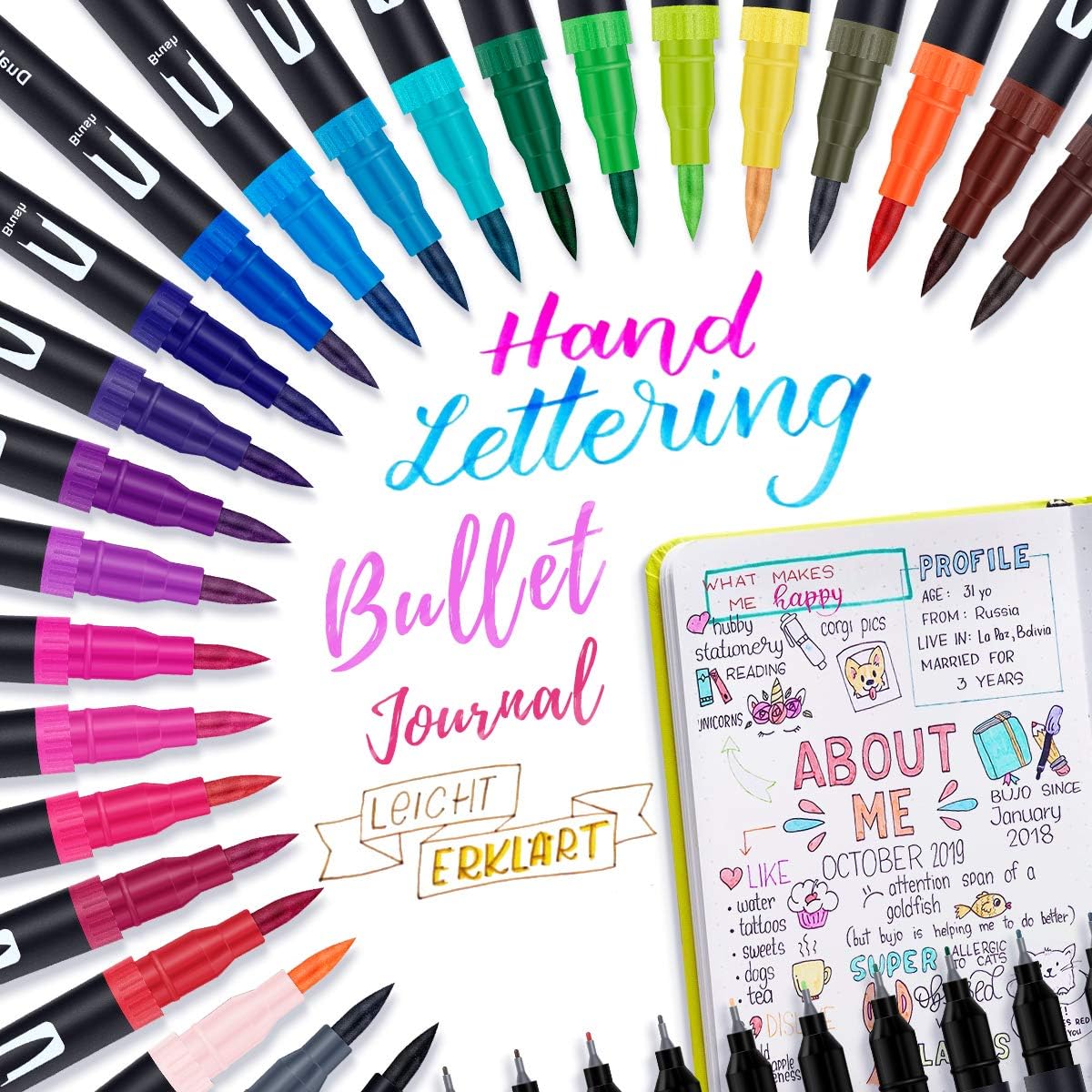 Brush Pens Fineliners Art Colouring Pens: ANYUKE 24 Dual Felt Tip