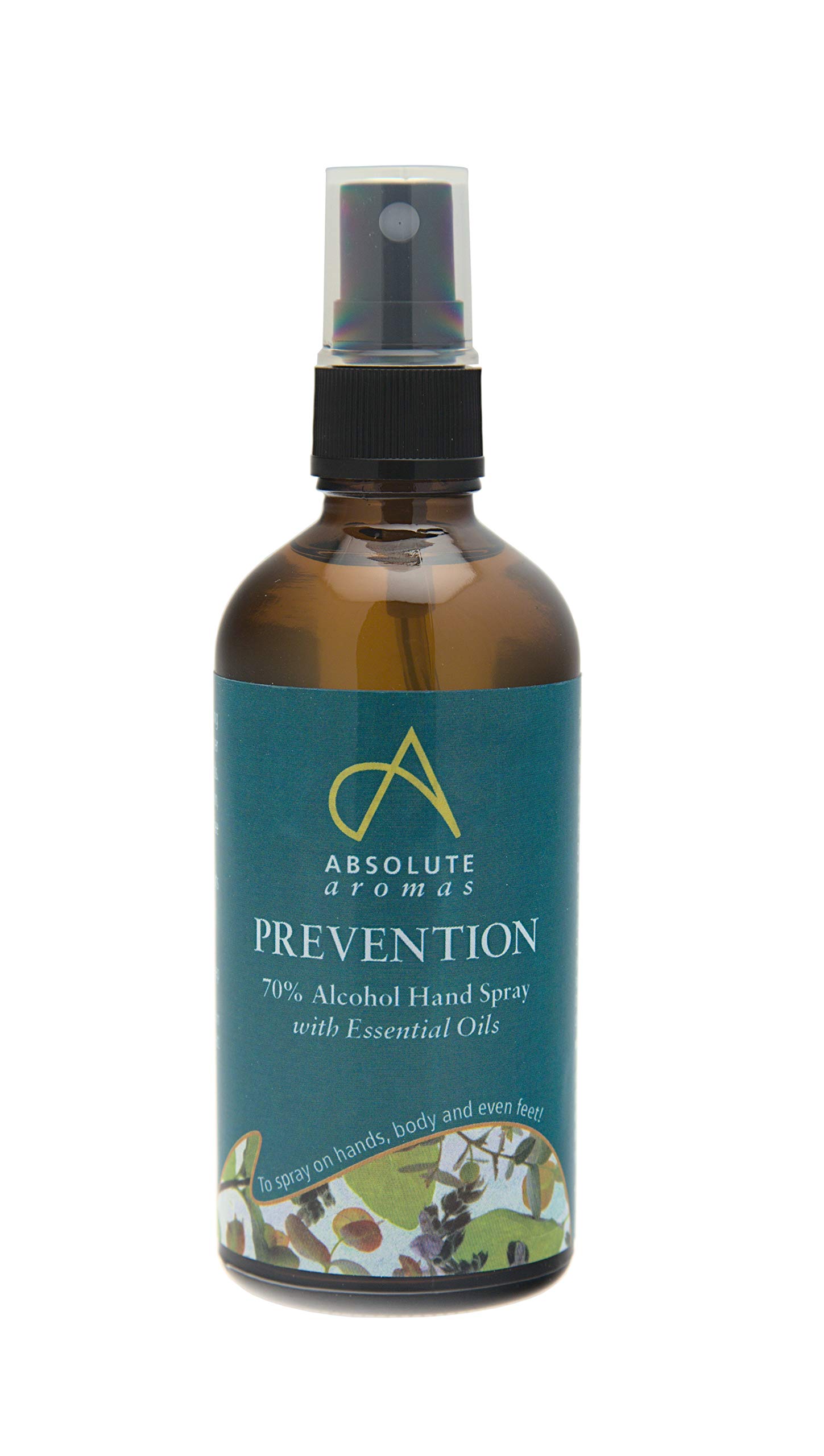Absolute Aromas Prevention Hand Spray 100ml – 70% Alcohol Hand Spray with Essential Oils – for Hands, Body and Feet