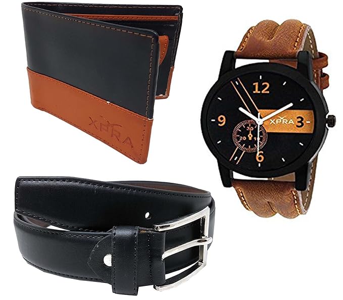 XPRA Analog Watch, Black PU Leather Belt & Black Leather Wallet for Men/Boys Combo (Pack of 3) - (WL-3CMB-30)
