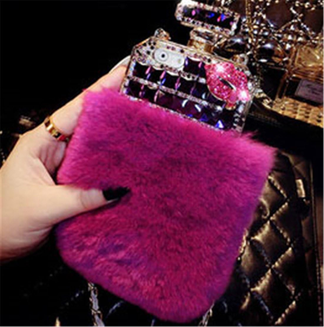 Fusicase for Galaxy S10 Plus Perfume Buttle Case Cute Rhinestone Diamond Crystal Sparkle Glitter Bling Cover Furry Rabbit Fuzzy Plush with Crossbody Neck Strap Lanyard Chain Case for Galaxy S10 Plus