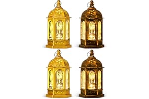4PCS Ramadan Lanterns Lights - Gold & Bronze Mini Castle Lanterns for Ramadan Home Decor Eid Mubarak Gifts Table Centerpiece 