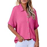 Astylish Womens Waffle Knit Button Down Shirts Tops Casual V Neck Short Folded Sleeve Dressy Blouses