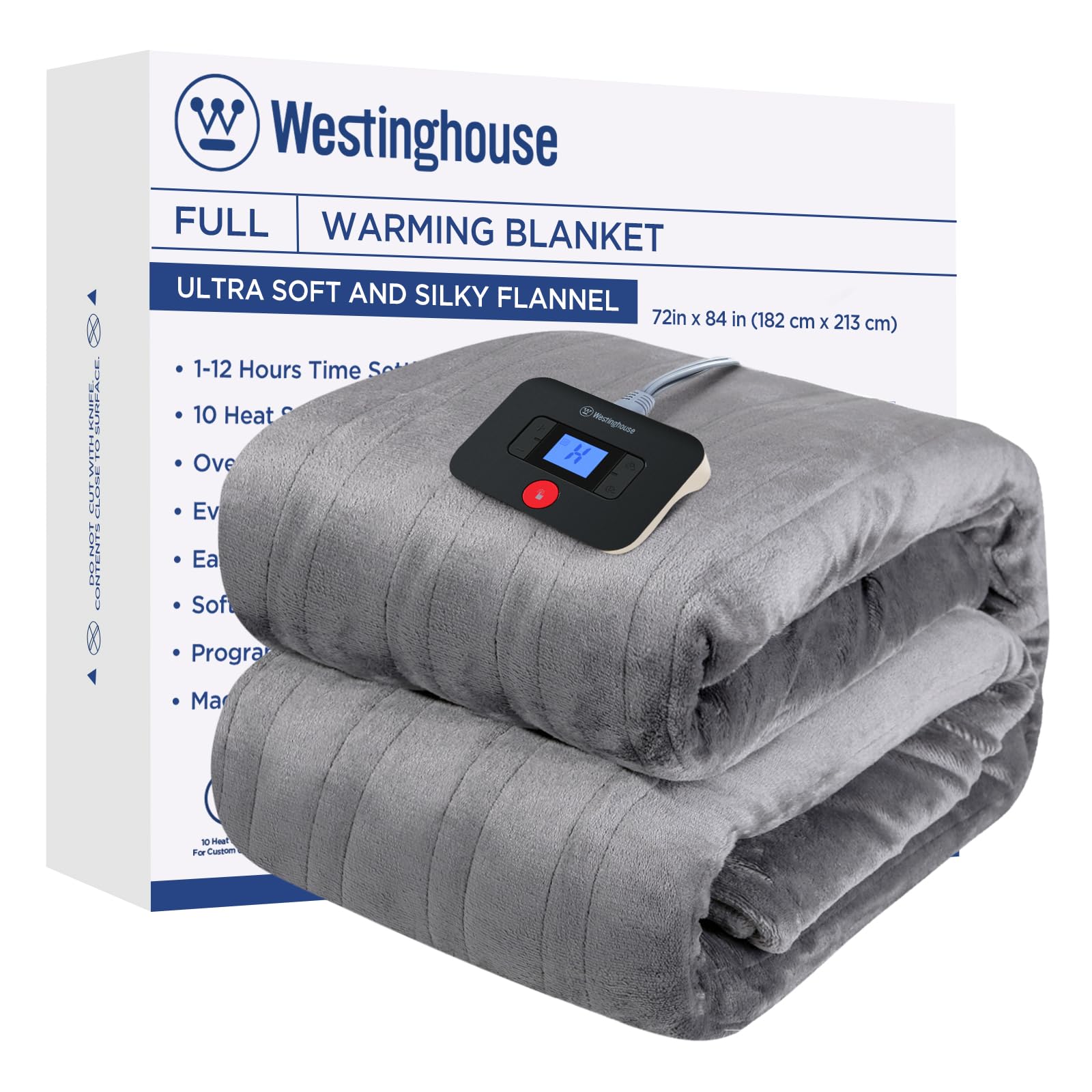 Photo 1 of Westinghouse Electric Blanket Full Size, Super Cozy Soft Flannel 80" x 84" Heated Blanket with 10 Fast Heating Levels & 1-12 Auto-Off, Machine Washable, ETL&FCC Certification, Light Grey