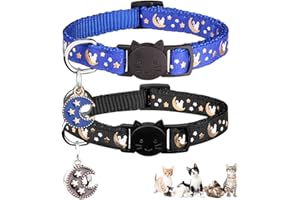 BAEUPPIT 2Pcs Breakaway Cats Collars Cat Collars for Boy Cats Moons Adjustable Kitten Collars with Bell & Pendant Glow in The Dark,Black+Blue