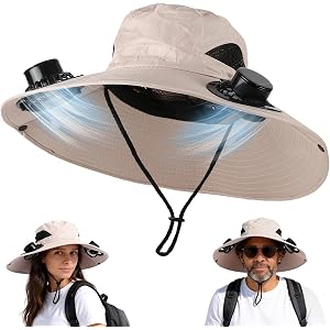 UJW Hat with Fan Wide Edge, Waterproof Solar Powered Fan Hat with 2 Solar Fans 3-Speed Adjustable for Men and Women