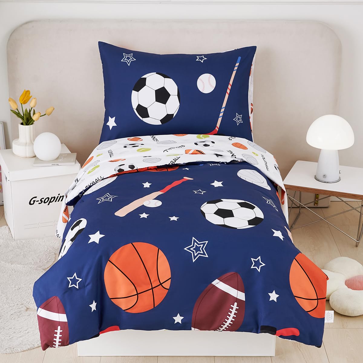 STYHO Navy Blue Toddler Bedding Set Boys Ball Sports Themed Duvet Cover Soft Reversible Cartoon Football Baseball Cot Bed Duvet Cover Set for All Seasons(Ball, Cot Bed) — image 1