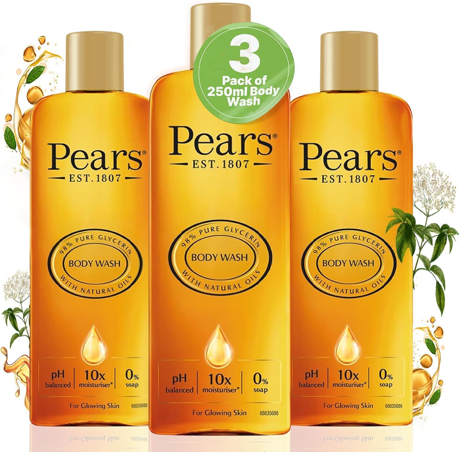 Pears Pure & Gentle Body Wash - Soap-free Cleanser - Nourishing Gel with 98% Pure Glycerin & Natural Oils - for Glowing Skin 10x More Moisturiser - Beauty Bath for Moisturising Care - 250ml (3 Pack)