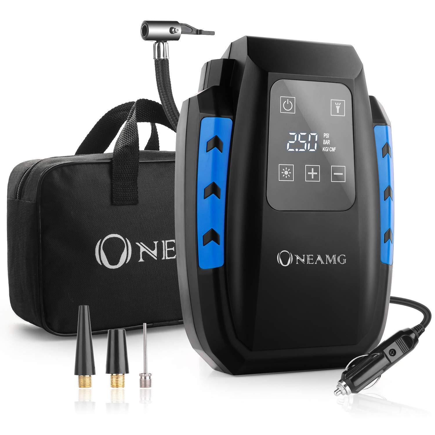 Tyre Inflator Portable Air Compressor Car Tyre Pump with Backlit Digital Pressure Gauge Valve Adaptors for Car Bicycles Tires, Basketballs and Other Inflatables