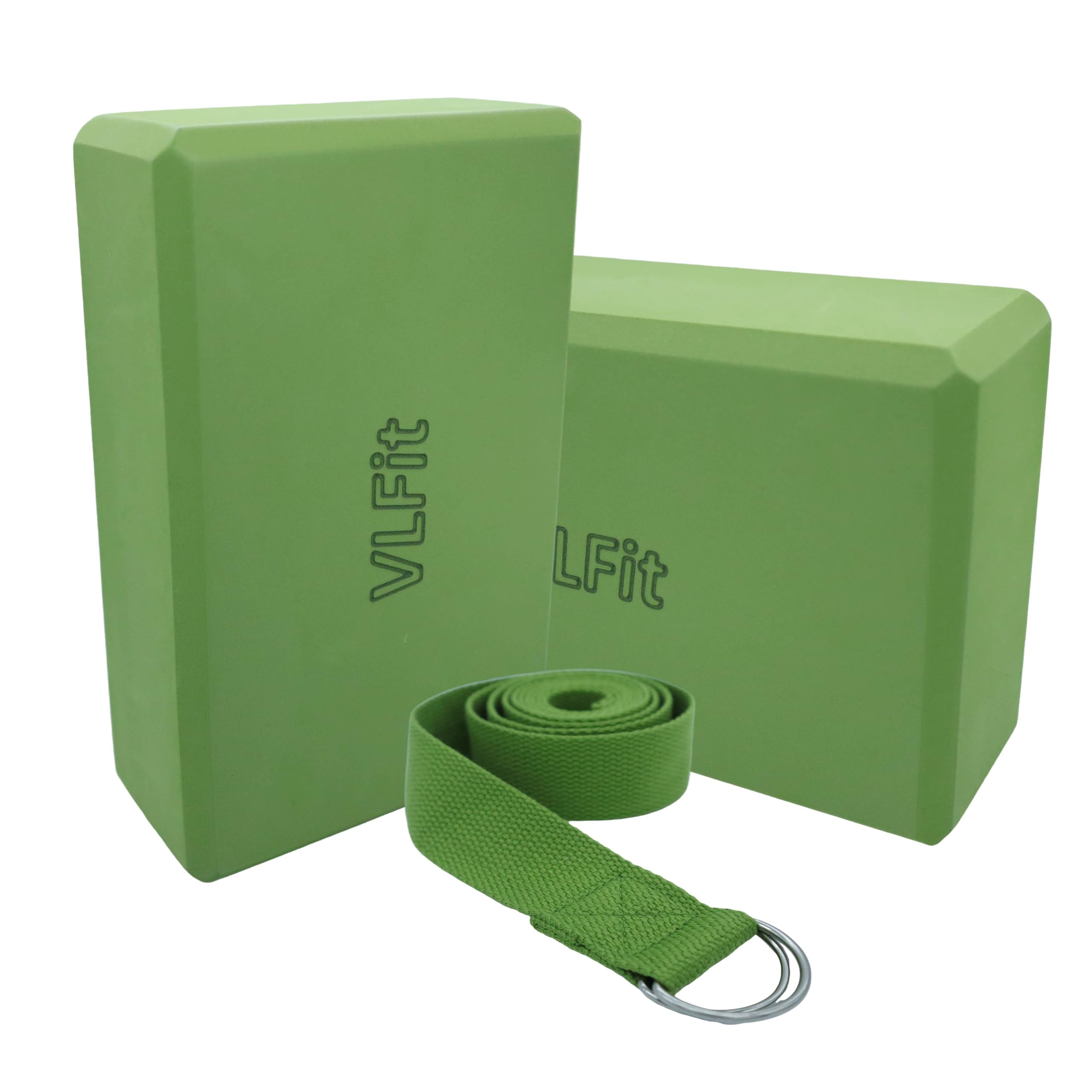VLFit Set of 2 Hi-Density Yoga Blocks with Yoga D Ring Cotton Stretch Strap – Choice of Colour