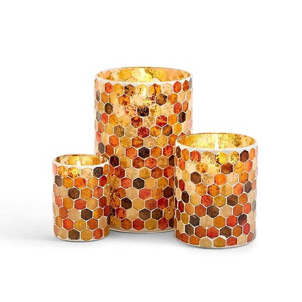 TWO’S COMPANY 53235 HONEYCOMB MOSAIC TEALIGHT CANDLEHOLDERS, SET OF 3 IN 3 SIZES, GLASS, MULTICOLOR