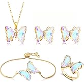 MISS RIGHT Butterfly Crystal Jewelry Set with Butterfly Necklace Stud Earrings Bolo Bracelet Adjustable Ring for Women Trendy, Iridescent Y2K Dainty Butterfly Jewelry Gifts