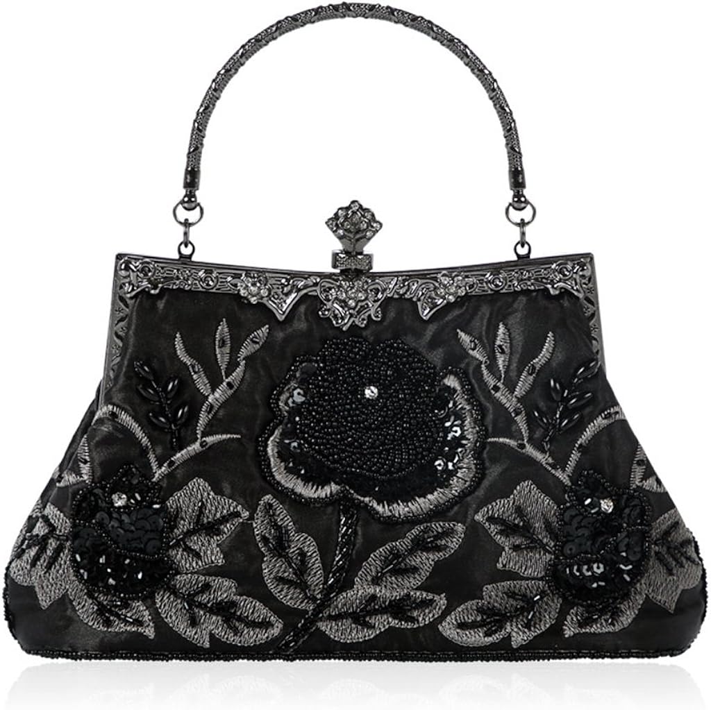 Women Sparkly Beads Flower Embellished Clutch Bags Ladies Linen