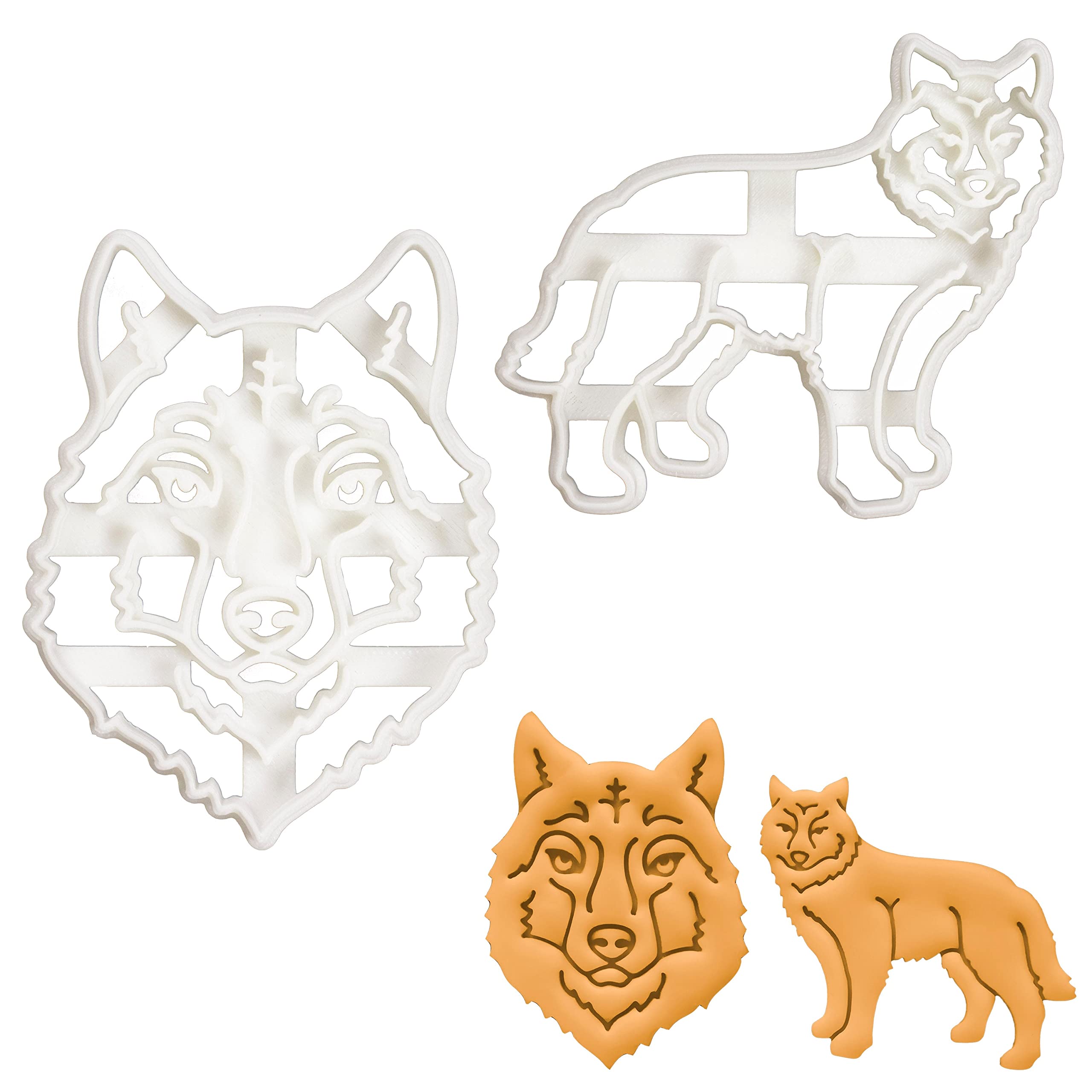BAKERLOGY Set of 2 Wolf Cookie Cutters (Designs: Face and Body) - Detailed Biscuit Cutter Design for Baking and Crafts, Ideal on Fondant, Dough, Clay