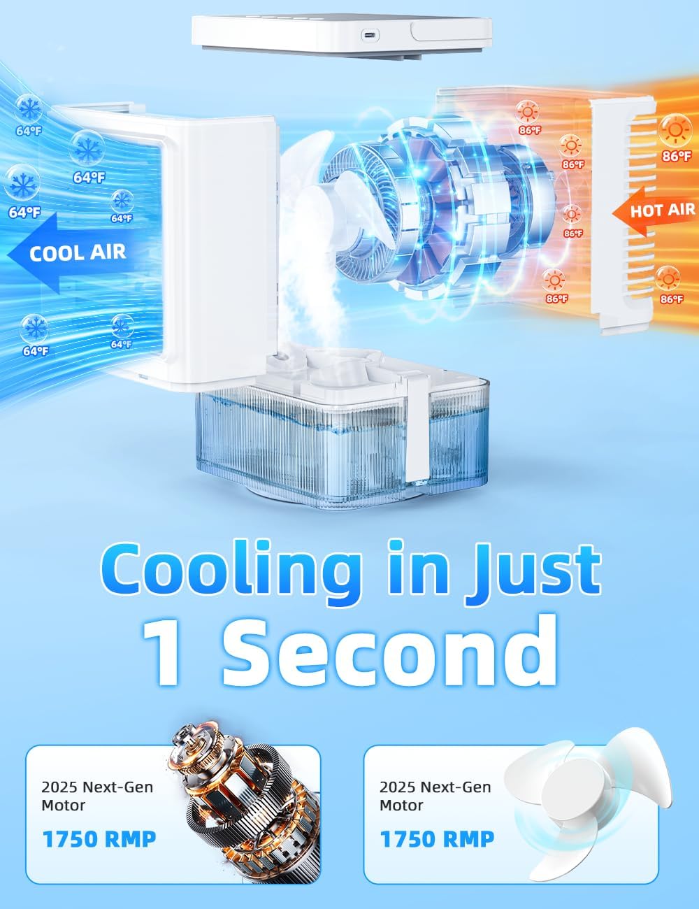 Small Air Conditioner w/ 3 Speeds&3 Modes, Remote, 1100ML Tank Humidifier, 8-Cube Ice Tray, 120° Oscillating, 4 IN 1 Portable Air Conditioners, 7-Color Light, 4H Timer Desk AC Unit for Bedroom