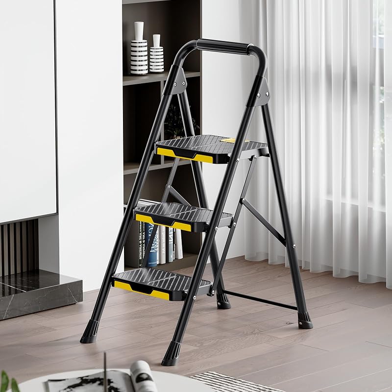 Scaletta 3 Gradini, Scala Pieghevole Domestica con Blocco di Sicurezza, Acciaio Portata 360kg con Ampio Pedale Antiscivolo, Corrimano Comoda, Cucina Casa Ufficio, Nero