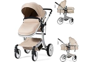 Honey Joy Baby Stroller, High Landscape Convertible Infant Bassinet Stroller, Adjustable Canopy & Backrest, Storage Basket, Foot Cover, Foldable Newborn Carriage Pram Stroller (Beige)