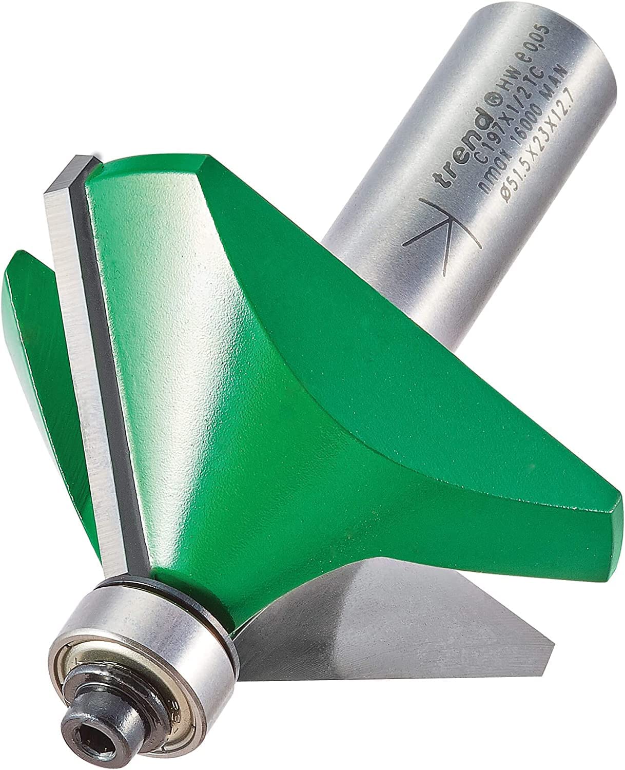 Trend CraftPro Chamfer Router Cutter Bit, 1/2 Inch Shank, 51mm Cut Diameter & 45 Degree V Groove, Tungsten Carbide Tipped, C197X1/2TC, Silver