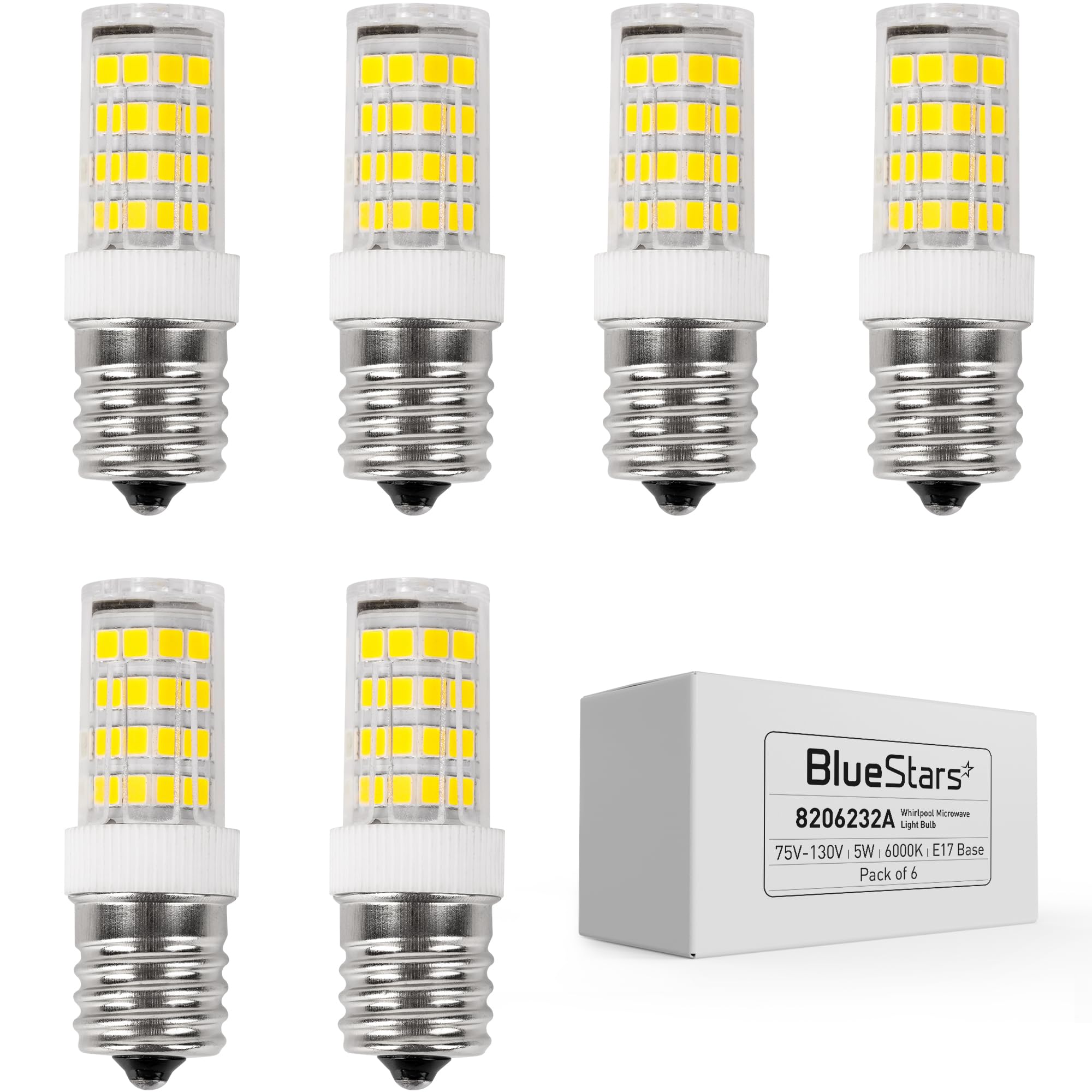Photo 1 of BlueStars 6 Packs 5W E17 LED Bulb 8206232A Dimmable LED Light Bulbs, 6000K Cold Daylight, 40W Equivalent, 75V-130V, 400 lumens for Refrigerator Microwave and Range Hood