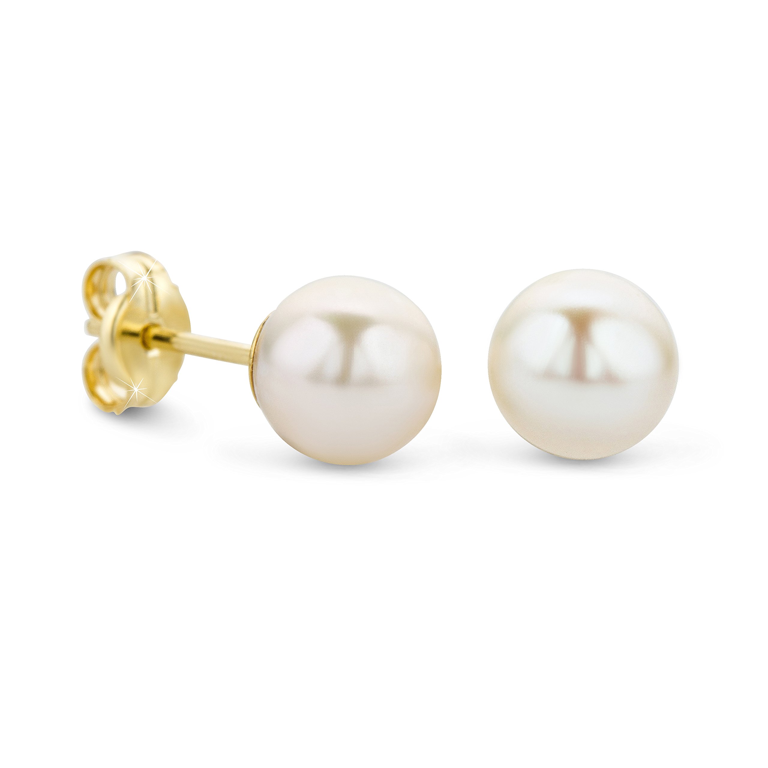 Orovi Yellow Gold Earrings for Women with freshwater Pearls in 14 Carat Gold, Hypoallergenic Earrings - Handmade studs with jewellery box - Made in Italy
