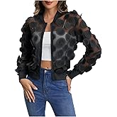 Floerns Women's Sheer Mesh Zip Up Bomber Jacket Long Sleeve Baseball Collar Outwear Tops