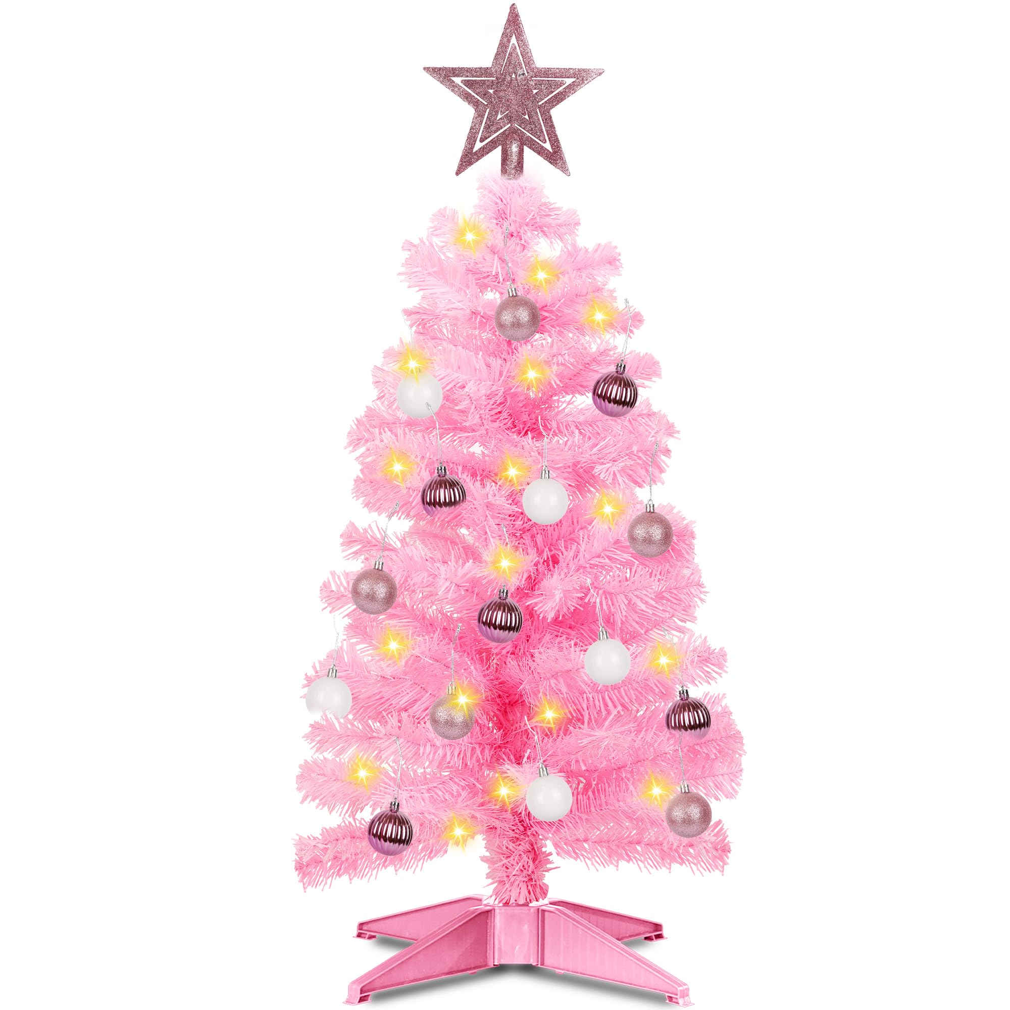Photo 1 of 3 Ft Premium Pink Christmas Tree with Lights, Battery Operated Timer 8 Modes 50 Warm White Lights Small Artifical Full Christmas Tree for Tabletop Home Office Indoor Outdoor Xmas Holiday Decorations