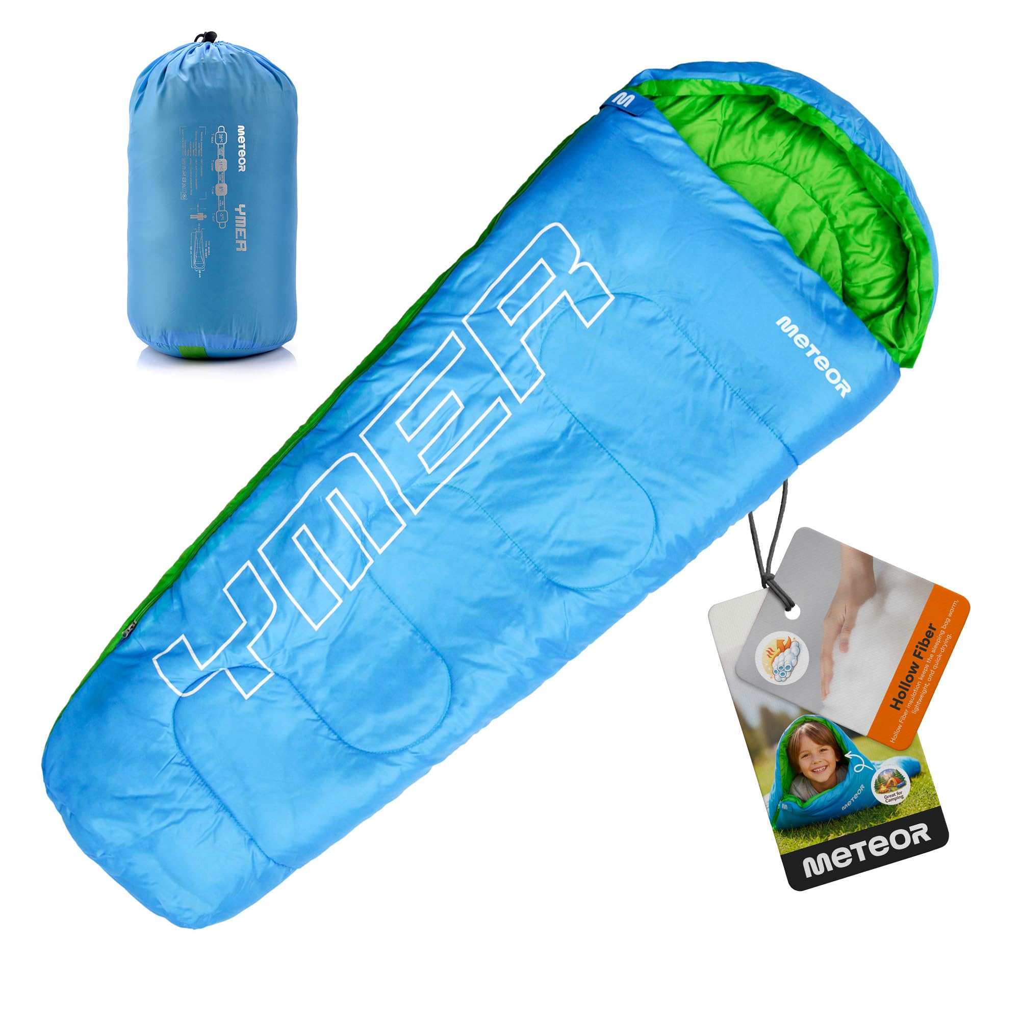 Meteor Sleeping bag - lightweight insulated design with hollow fibre filling - comfortable and compact for camping trips and outdoor adventures - for Kids 155 cm Tall - Blue/Green