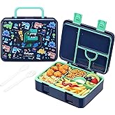 rockpapa 5 Compartment Bento Lunch Box for Kids, Leak Proof, Dishwasher Safe, BPA Free Materials, 47oz Snack Bento Box with Utensils & Handle for Boys Girls Ages 3+ (Blue Dinosaur)