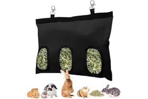 uarkutai Guinea Pig Hay Feeder, Hanging Rabbit Hay Feeder Bag for Rabbit Bunny Guinea Pig Chinchilla Hamsters Rats and Other Small Pets Small Animal (Black, 3 Holes)