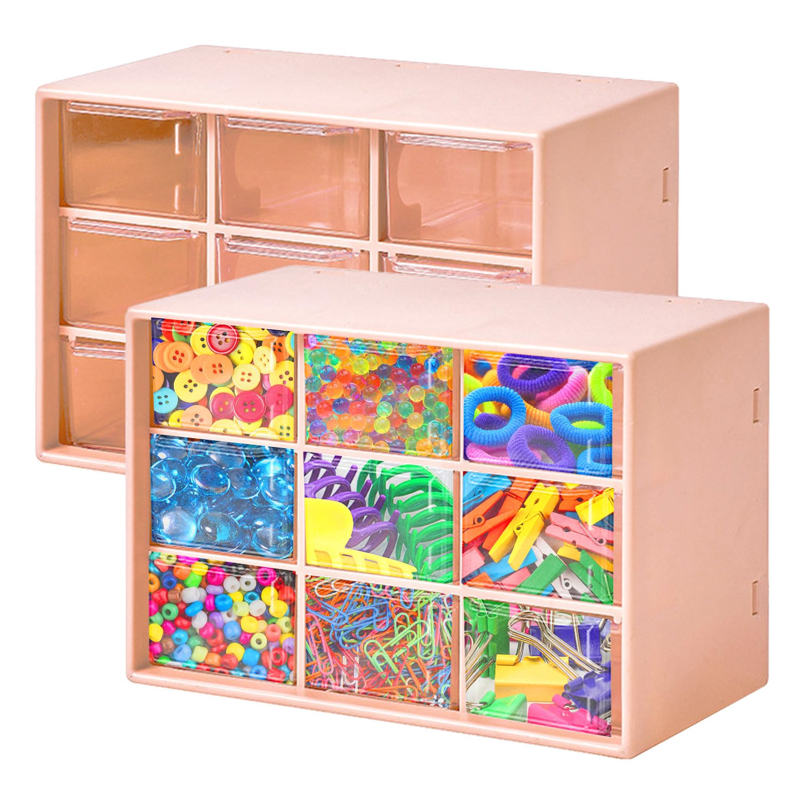 2Pcs Small Storage Drawers, Drawers Storage Unit With 9 Drawers Desktop Drawer Box, Organiser Drawers Unit Craft Storage Cabinet Drawer Organiser For Office Supplies & Accessories (Pink)