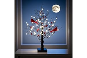 Vintage Glowing Tree with Cardinals, 21IN Red Bird Tree Fairy LED Light, Birch Bonsai Twinkle Trees Lamp with Lighted Branche