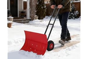 GarveeTech Heavy Duty Rolling Snow Pusher with Wheels, 29x20 Inch Metal Adjustable Angled Blade, Ergonomic Snow Shovel for Dr