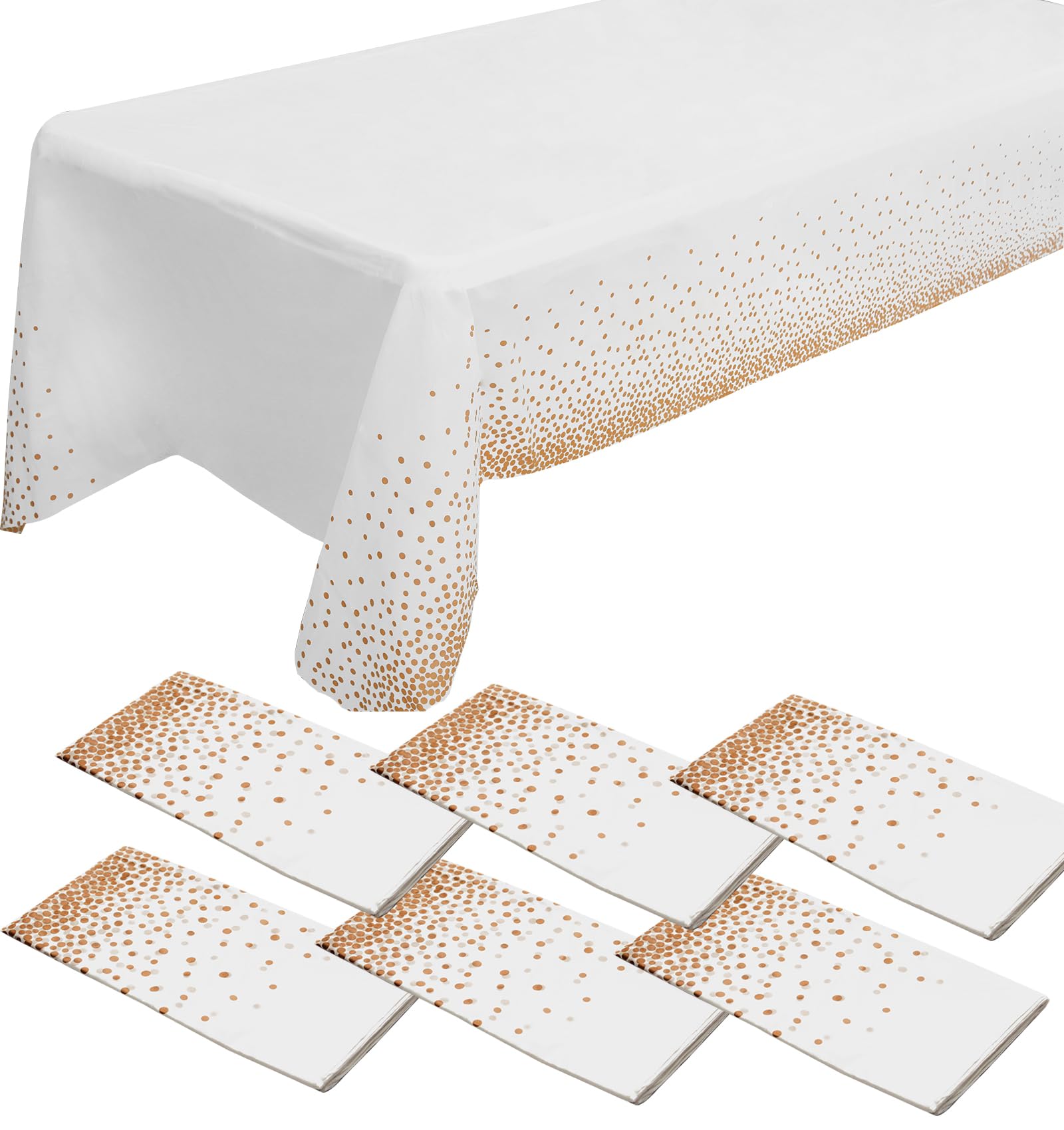 6 Pack Rose Gold Dot Tablecloths for Rectangle Tables, 54" x 108" White Plastic Tablecloths Disposable Waterproof Party Table Cloths Gold Dot Confetti Table Cloth for Outdoor Birthday Party