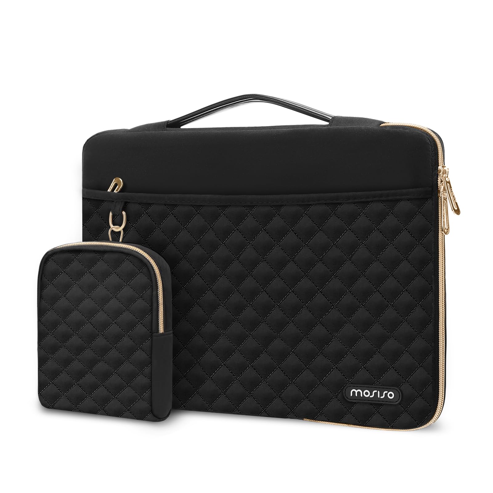 Photo 1 of MOSISO 13-14 inch 360 Protective Laptop Sleeve, Compatible with MacBook Air/Pro 13/Pro 14 inch, 13.3 inch Carrying Case Square Quilted Side Open Bag with Horizontal Pockets&Small Case&Belt, Black