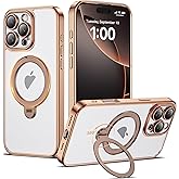 AmoraAqua Compatible with iPhone 16 Pro Max Case with 360° Spin Magnetic Ring Stand [Compatible with Mag-Safe] Camera Lens Protector Plating Clear Phone Case for iPhone 16 Pro Max 6.9", Desert Gold