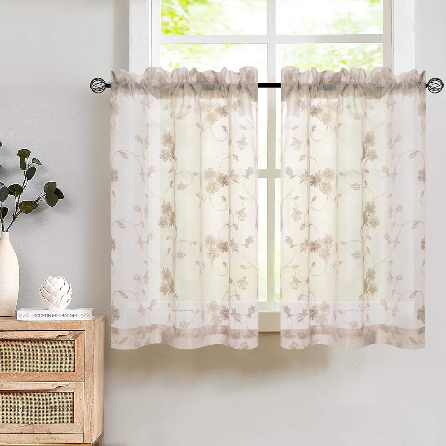 Taupe Tier Curtains Kitchen Cafe Floral Embroidered Sheer Window