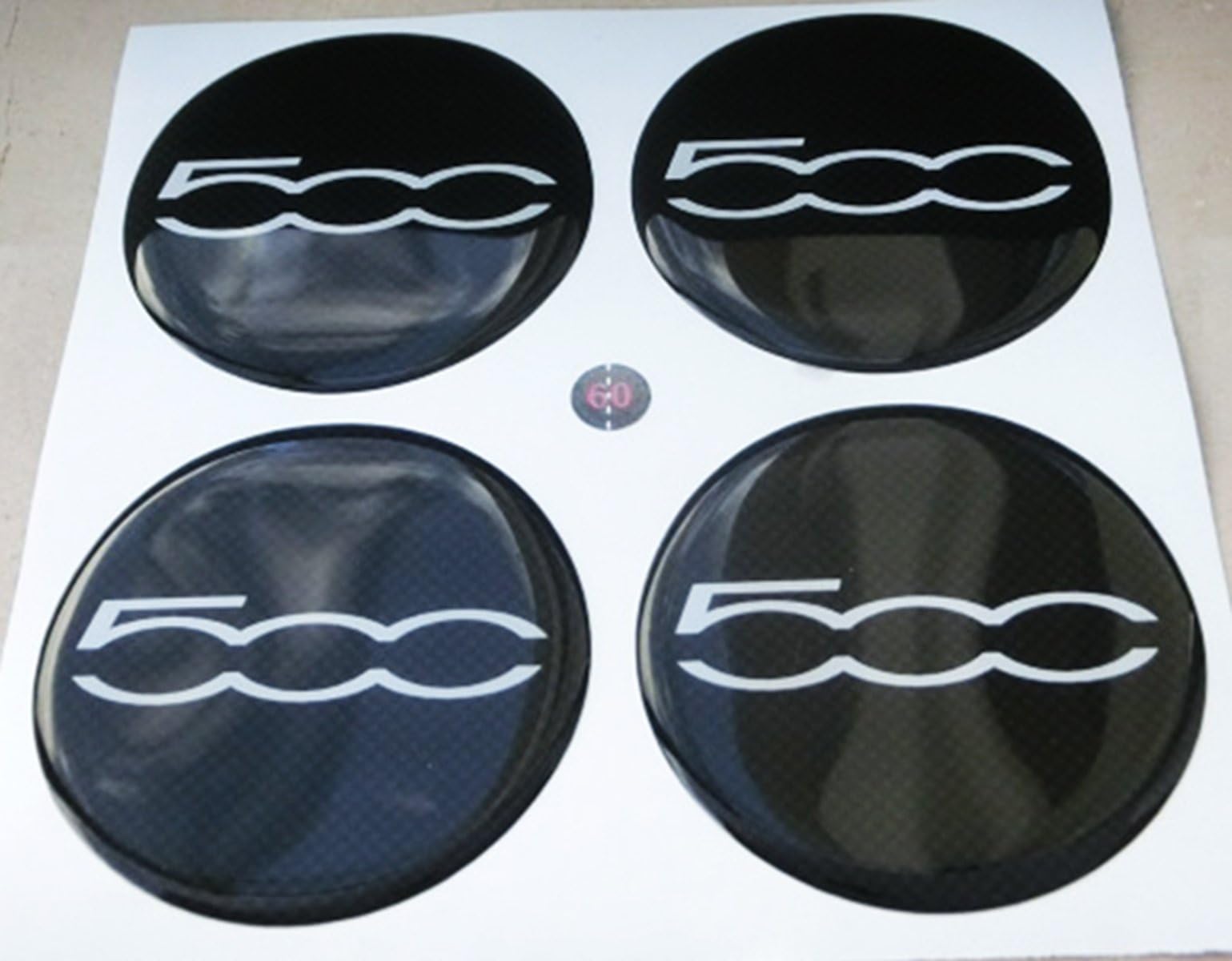 500 White 60mm Tuning 3D 3M Resin Fiat Hubcaps Stud Caps Adhesive Stickers x 4 pieces.