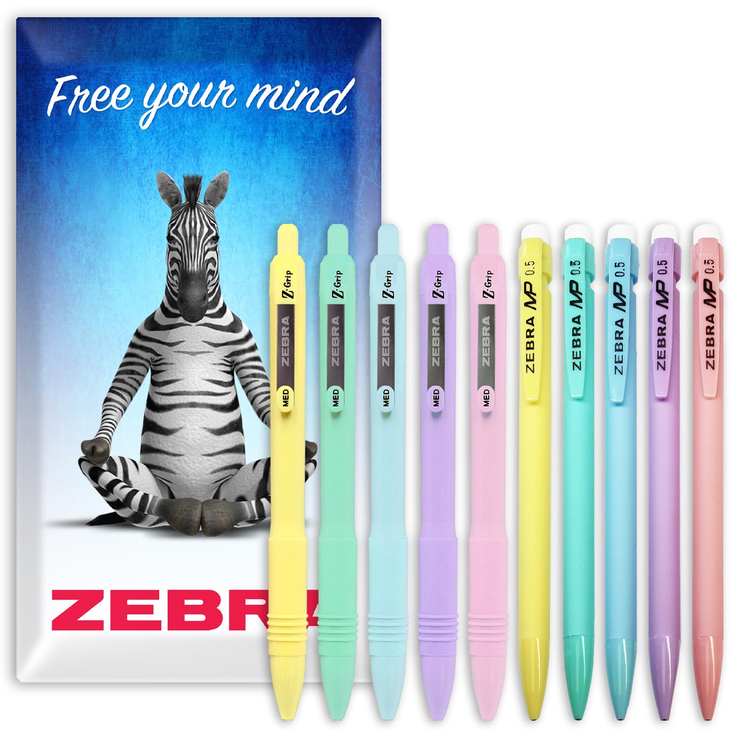 Zebra Z-Grip Smooth Ballpoint Pens & MP Mechanical Pencils - 1 of Each Pastel Barrel - In Envelope Gift Packaging - Pack of 10