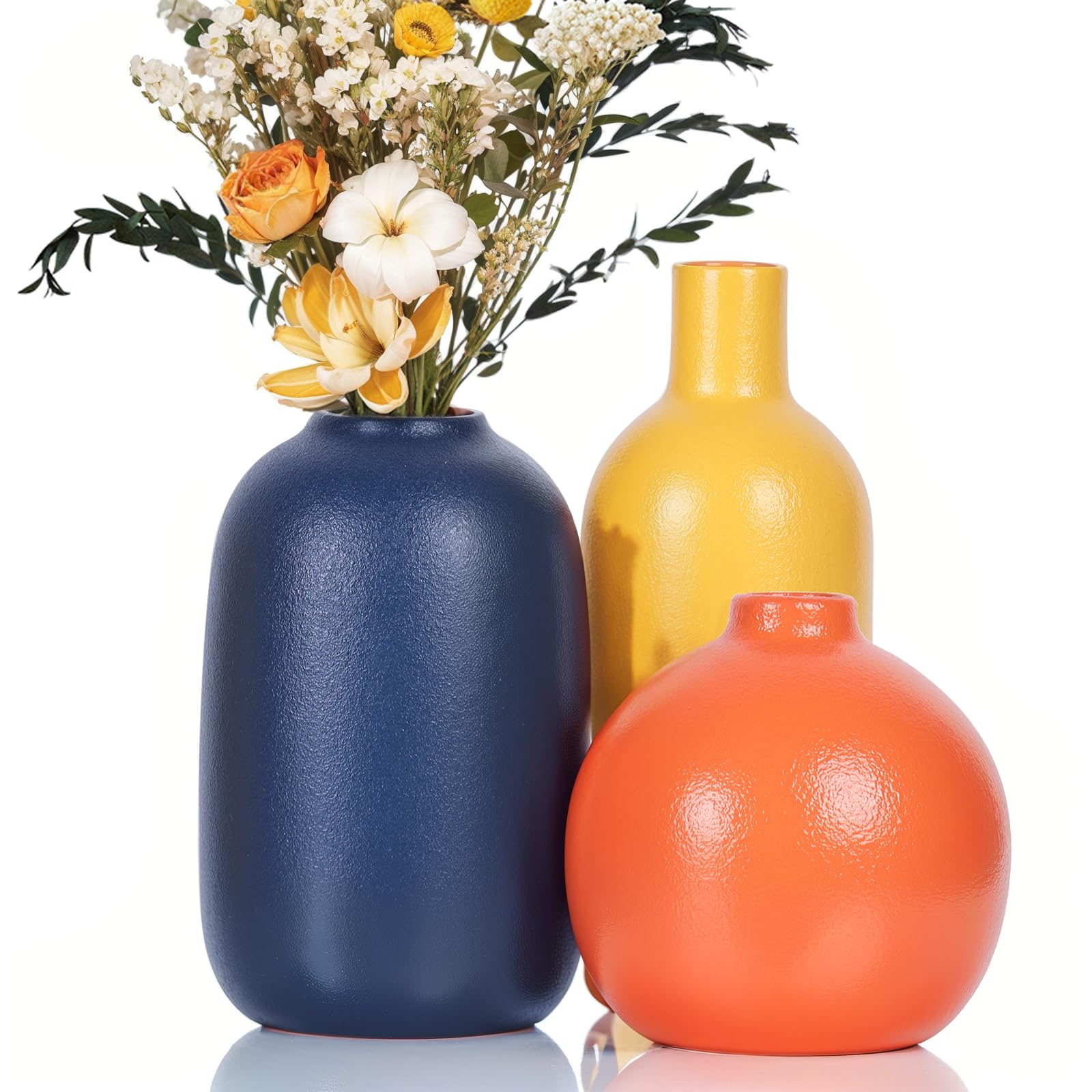 Photo 1 of Colorful Ceramic Vase Set, Small Burnt Orange Blue Yellow Vases Home Decor,Fall Décor Modern Farmhouse Vases for Home Decor, Organic Decor Accents for Living Room, Table, Shelf, Entryway, Set of 3