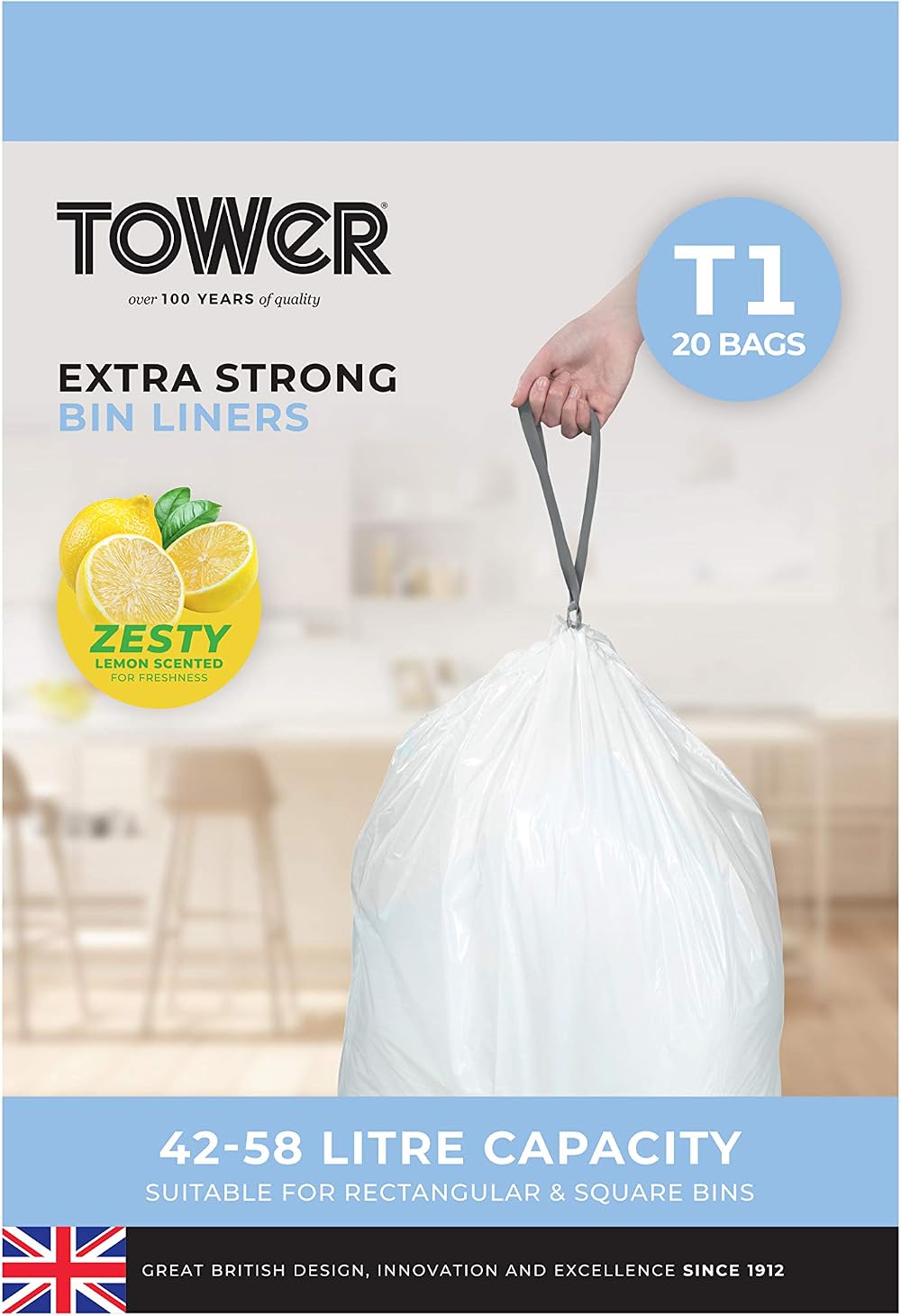 Tower 42-58L Lemon Scented Heavy Duty Bin Liners 20 Pack White