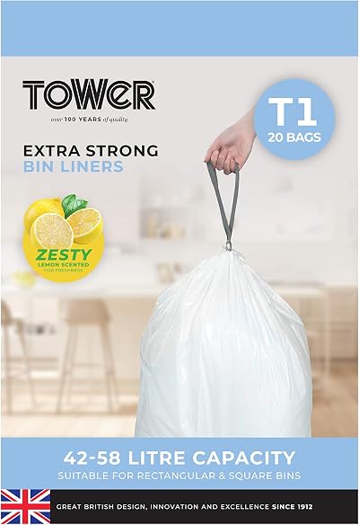 Tower 42-58L Lemon Scented Heavy Duty Bin Liners 20 Pack White