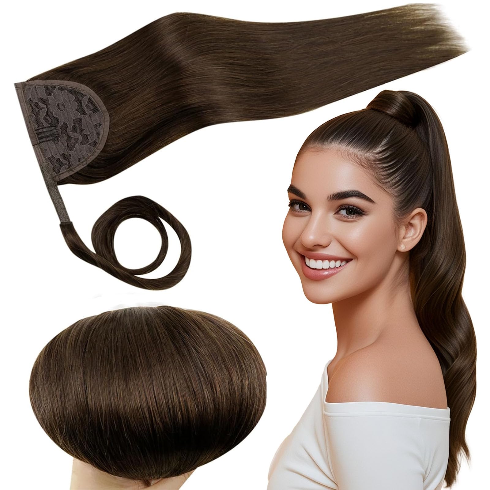 RUNATURE Ponytail Extension Human Hair 20 Inch Chocolate Brown Clip in Ponytail Hair Extensions Real Human Hair Brown Ponytail Hair Extension 80 Gram — image 1