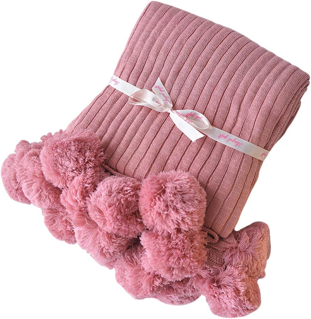 Enerhu Pom Pom Throw Blanket Knit Throw Pompoms Fringe Blanket 100% Cotton Skin-Friendly for Bed Sofa Pink M: 39.4x59.1 inches
