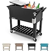 Permasteel 80-Qt Antique Patio Cooler for Outside | Outdoor Beverage Cooler Bar Cart, Rolling Cooler with Wheels and Handles, Wooden Teak Accent, Black