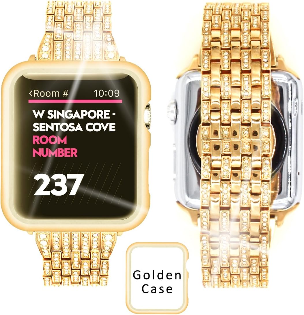 Ezzdo Apple Watch Diamond Band, Rhinestone Luxury Diamond Stainless Steel Replacement Bands for Apple Watch 38mm 42mm Series 1/2/3 (Gold, 38mm)
