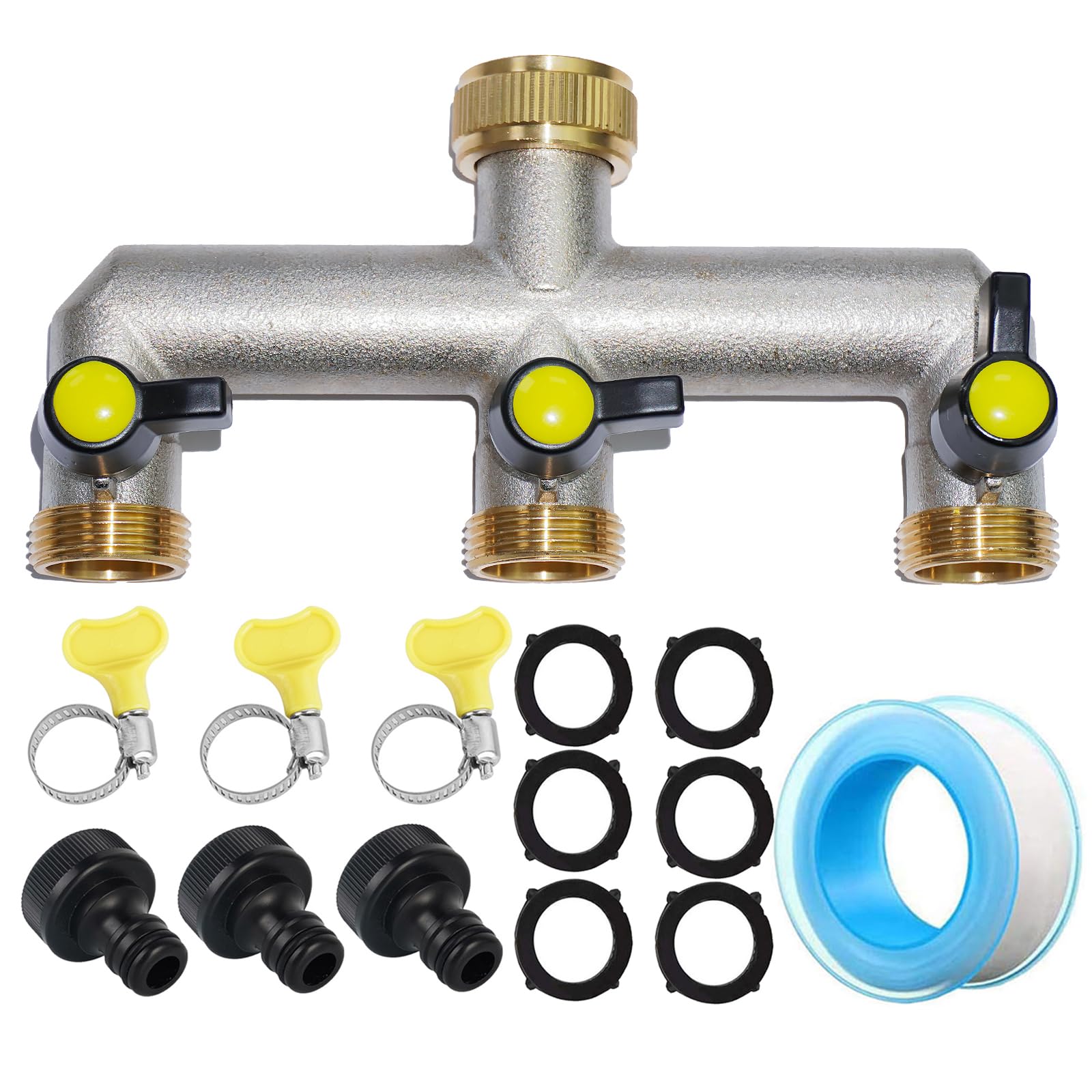 RoseFlower Garden Hose Splitter 3 Way Heavy Duty, Solid Brass Outdoor Faucet Splitter Hose Connector Water Taps Distributor Hose Adapter with Individual On-Off Valve, 6 Rubber Washer, 1 Leakproof Tape