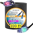 pizety Contractor Grade 100 ft 10 Gauge Power Extension Cord 10/3 Plug, Black 10 Gauge Extension Cord 10 3 100 Foot Extension Cord with Lighted Ends (100 ft 10 Gauge, Black)