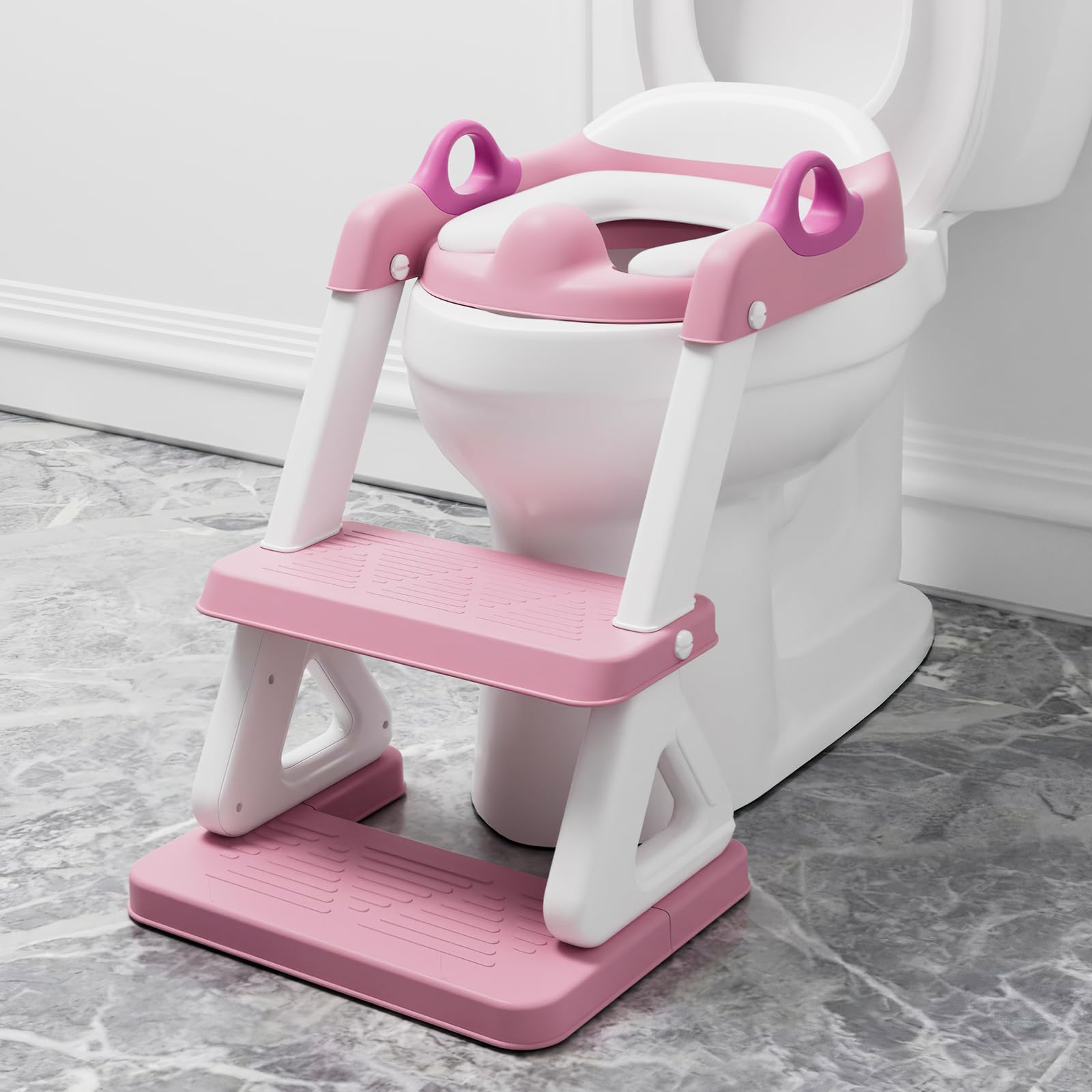 Potty Training Seat with Step Stool Ladder for Kids and Toddler,Wiifo Sturdy Potty Ladder with Soft Padded Cushion for Toddler Boys and Girls(Pink) 2025 New Version Image
