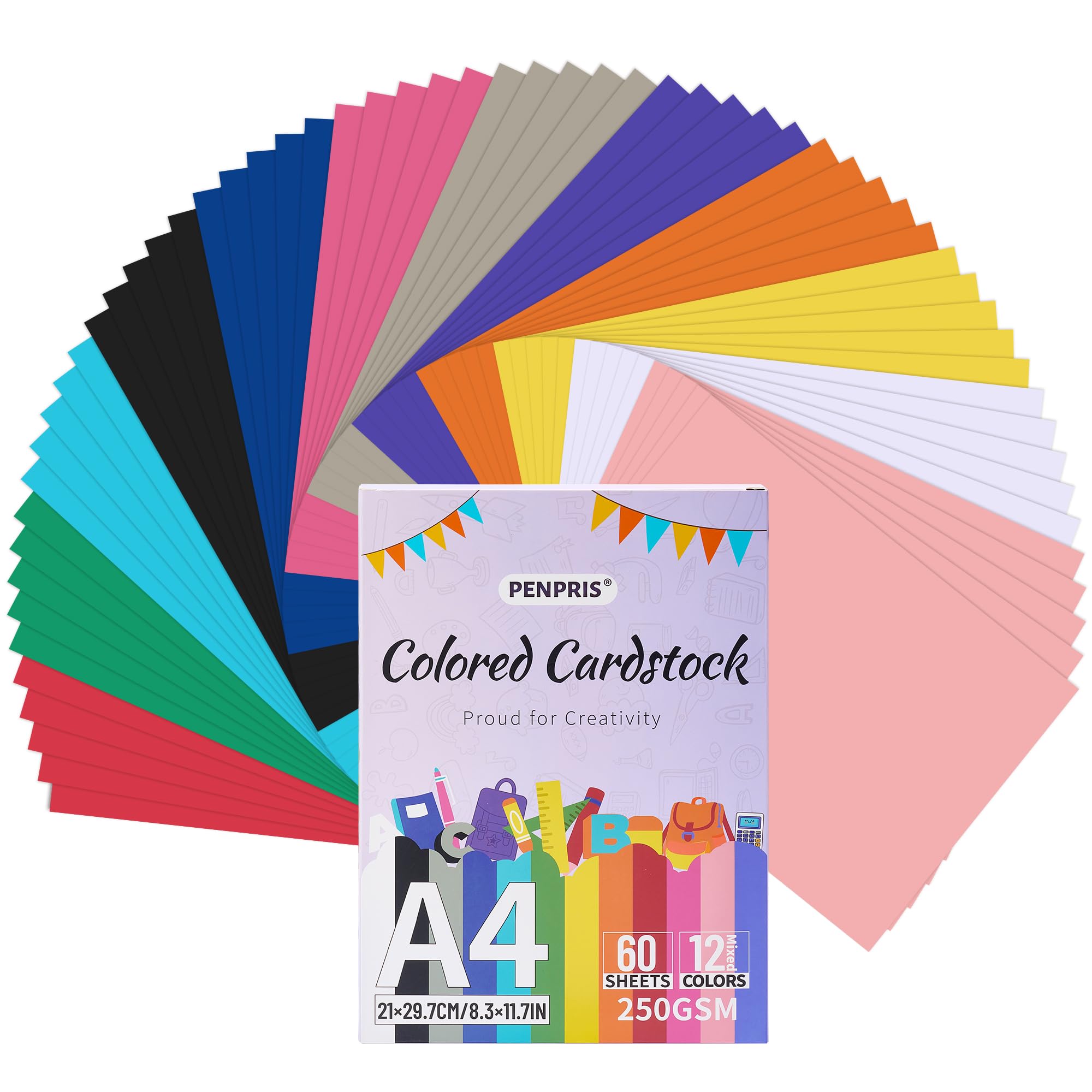 Coloured Cardstock - 60 Sheets 12 Colours A4 Size 250gsm/92lb Heavy Weight Card Stock Paper for Printer, Card Making, DIY Crafts, Scrapbooking PAC06MX1