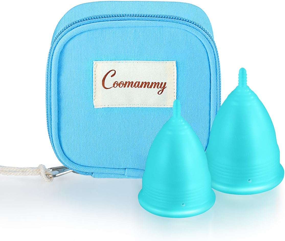 Coomammy Menstrual Cups,Set of 2 Perfect Feminine Hygiene Period Cup small and large with carry bag, Feminine Alternative Protection to Cloth Sanitary Napkins (Large+Small, Turquoise)
